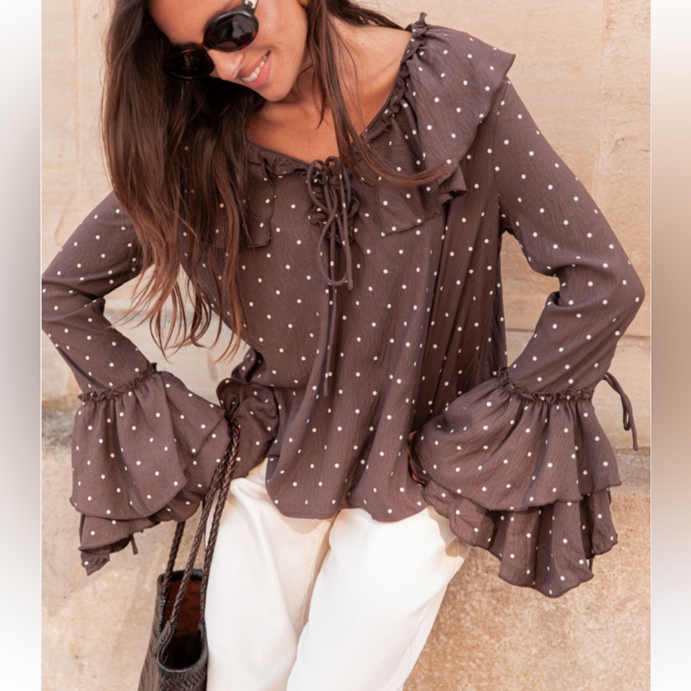 FROM PARIS FRANCE 🇫🇷 Brown Polka Dot Ruffle Blouse